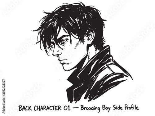 Tablou pe pânză Brooding boy side profile, manga style, black and white, vector illustration, ch