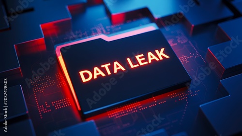 Digital data leak concept with glowing cyber security warning on futuristic circuit board