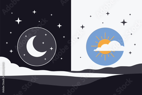 Day and night landscape comparison shows a starry night with a moon and a sunny day with clouds over the same horizon.