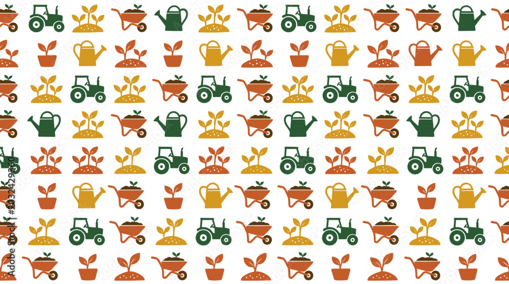 Obraz premium Farm icons pattern with tractor seedling watering can and wheelbarrow in warm colors