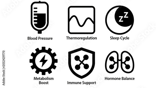 Blood pressure monitor, temperature wave, sleep month, metabolic gear, immune shield and hormone lung icon, basic physiological function regulation, health management product.

