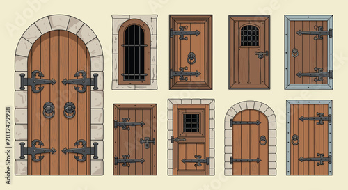 Collection of old medieval wooden doors and windows with ornate iron hinges, bars, and stone archways for architectural and game design.