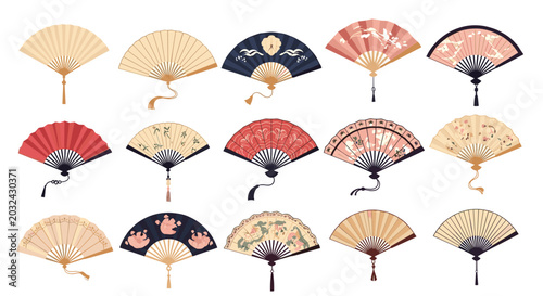 Collection of ornate hand-held folding fans featuring various traditional floral patterns, decorative tassels, and vibrant color palettes.