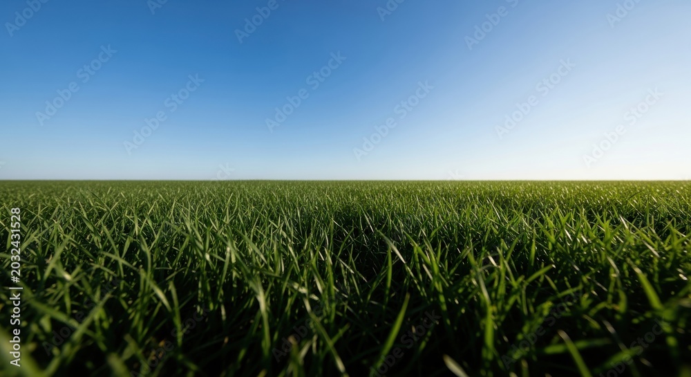 Fototapeta premium Lush Green Grass Field Under Clear Blue Sky Horizon Background for Nature and Environment Concepts