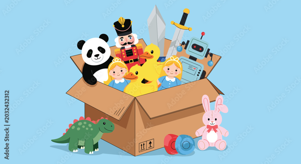 Fototapeta premium Cardboard toy box overflowing with various children's toys including a panda plush, dolls, a robot, and a dinosaur for a nursery scene.