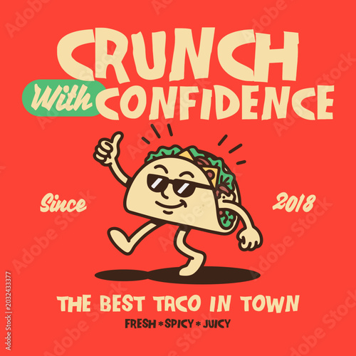Schilderij op canvas Hand-drawn vintage-style streetwear graphic design for t-shirts featuring a cool taco mascot wearing sunglasses and giving a thumbs up