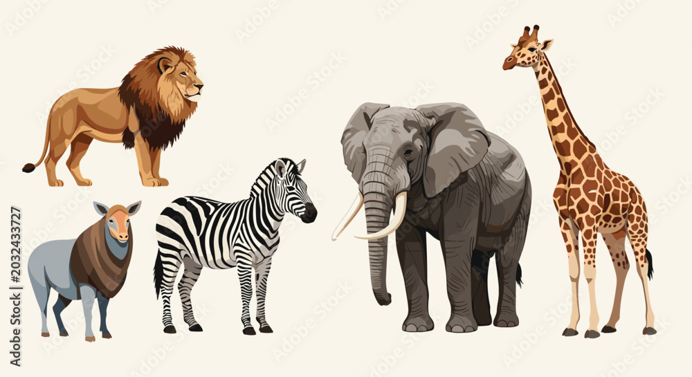Obraz premium Beautiful collection of realistic wild animal illustrations including a lion, zebra, african elephant, tall giraffe, and an antelope.