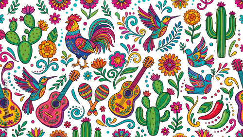 Mexican Folk Floral Seamless Pattern with Rooster Hummingbird Cactus Guitar and Chili