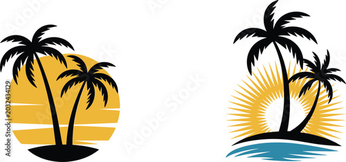 Tropical beach sunset logos, palm tree island silhouettes vector illustration collection for summer travel branding