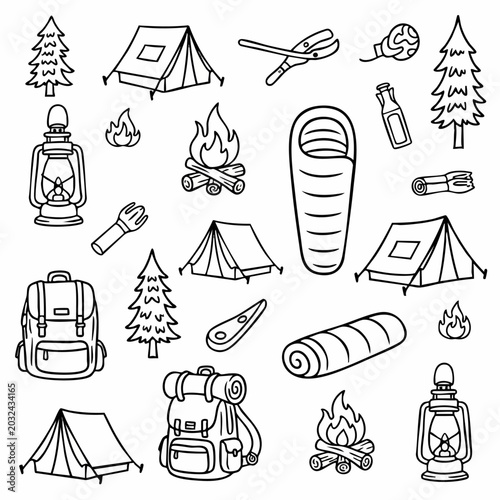 Set of camping and outdoor equipment hand drawn doodles.