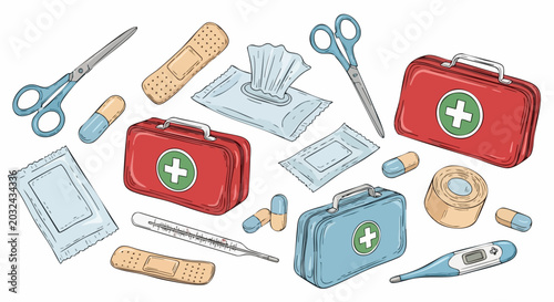 Set of hand drawn medical first aid kit items and healthcare equipment.