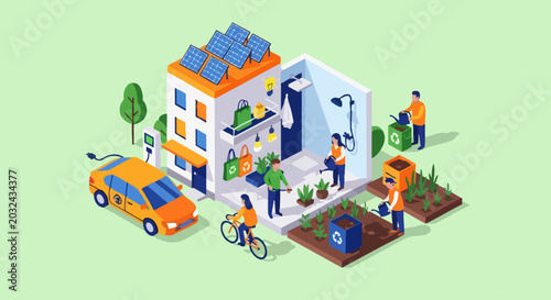 Isometric Illustration of Sustainable Eco Friendly Living and Green Community.