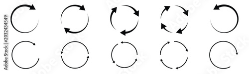Set of minimalist black circular arrow icons showing thin line refresh pointers rotation loops and update signs ideal for modern user interface layouts
