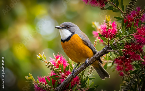 A close-up shot of a colorful Rufous Whistler bird perched on a flowering tree branch, bokeh background