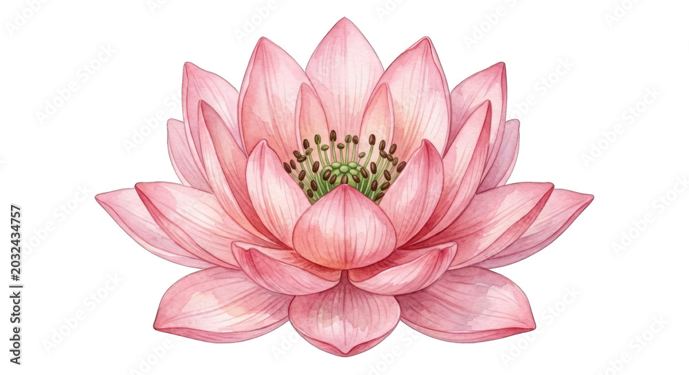 Obraz premium Pink Lotus Flower Watercolor Illustration, Isolated on White Background