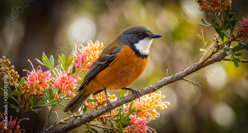 A close-up shot of a colorful Rufous Whistler bird perched on a flowering tree branch, bokeh background