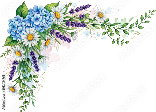 Watercolor floral corner border with blue hydrangea, daisies and lavender