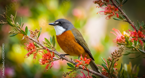 A close-up shot of a colorful Rufous Whistler bird perched on a flowering tree branch, bokeh background