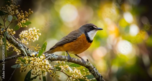 A close-up shot of a colorful Rufous Whistler bird perched on a flowering tree branch, bokeh background