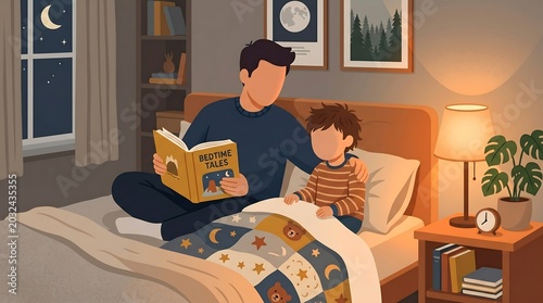 Father reading bedtime story to son in bed night time cozy atmosphere lamp light parent teaching child book love family bond bedtime.