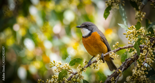 A close-up shot of a colorful Rufous Whistler bird perched on a flowering tree branch, bokeh background