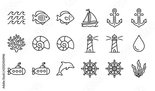 Fotografia Ocean and marine thin line vector icon set with sea fish boat underwater and mar