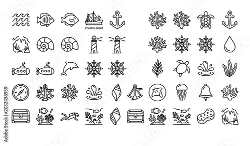 Konstfotografi Minimal ocean and maritime line icon pack with fish sea water boat and underwate