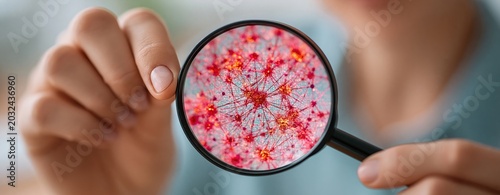 Magnifying glass focusing on microscopic red virus cell structure for medical research and laboratory analysis in scientific study environment