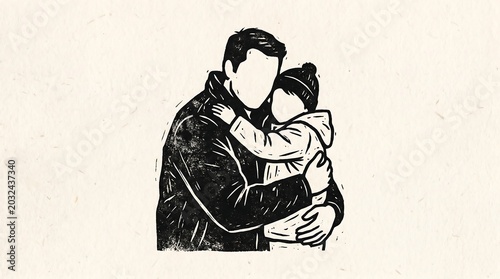 Minimalist woodcut style father hugging his small child during winter season monochrome illustration.