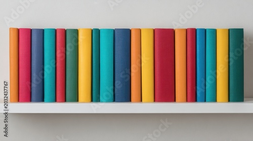 Row of colorful hardcover books arranged on white shelf against light background creating clean educational interior aesthetic with modern minimal home styling