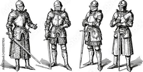 Photos Medieval Knights in Full Plate Armor with Swords Standing in a Line During a His