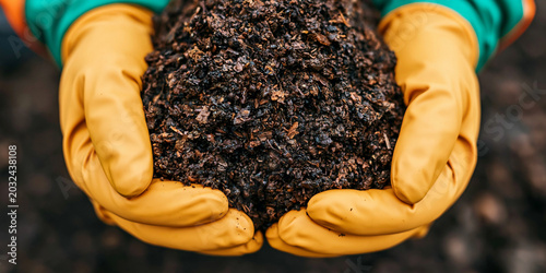 Hands in yellow gloves holding rich compost soil in community garden workshop close up organic agriculture soil texture gardening learning scene