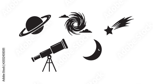 Cosmic elements and astronomical viewing device flat monochrome symbols celestial bodies and optical instrument for observation.