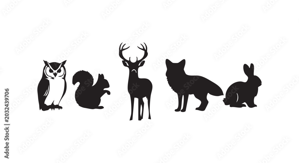 Naklejka premium Forest animal icons set featuring owl squirrel deer fox and rabbit characters for wildlife nature collection.