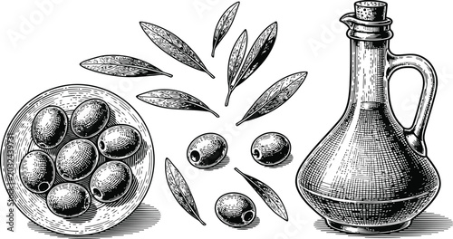 Slika na platnu Olive oil bottle with pitted olives and leaves in a still life engraving style