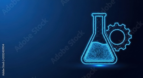 Neon wireframe laboratory flask with liquid against a dark blue abstract background, showcasing scientific innovation and chemical research.