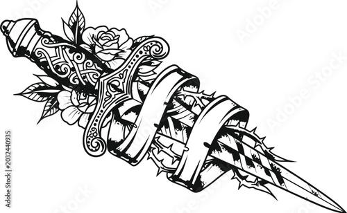 Fotografie Ornate dagger entwined with roses and thorny vines during a dramatic battle conc