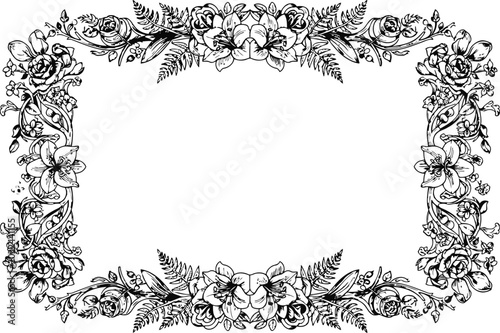 Schilderij op canvas Ornate floral border design with roses and ferns in a vintage illustrative style