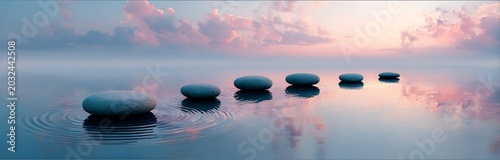 Serene stones arranged in a gentle curve across calm water, reflecting pastel sunset hues