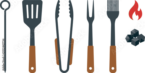 Obraz na plátně Barbecue Grill Tool Set Vector Illustration Featuring Skewer Spatula Tongs Carvi