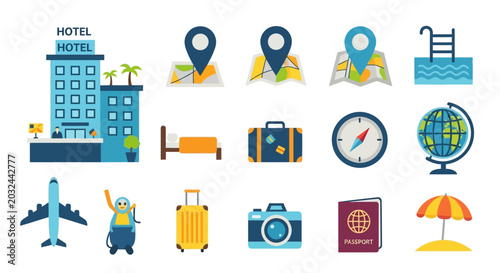Bild auf Leinwand Travel and Vacation Icons Set for Tourism and Hospitality.