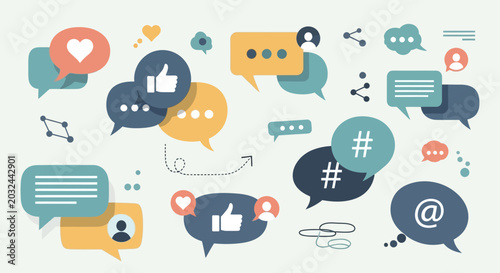 Social media communication icons and symbols in speech bubbles.