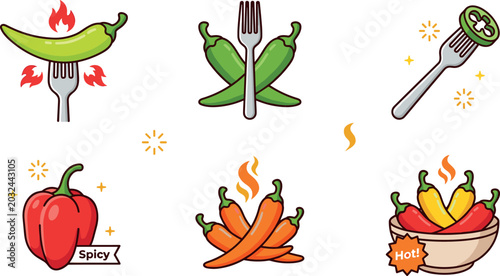 Quadro su tela Spicy Chili Pepper Vector Icon Set Featuring Hot Green Jalapenos on Forks Red Be