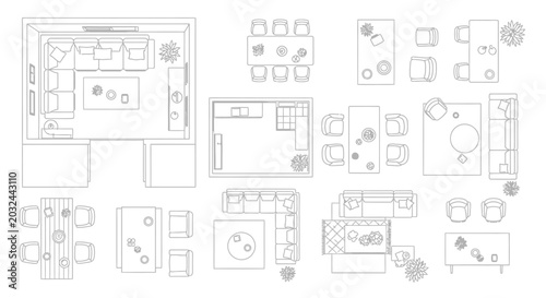 Top Down View Of Various Furniture Layouts And Floor Plans.