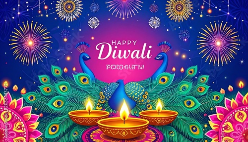 A vibrant Diwali celebration scene with peacocks, diyas, and fireworks