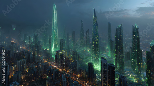 Futuristic Sci-Fi Metropolis at Night with Glowing Green Neon Skyscrapers

