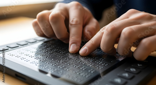 Person Using Braille Display Device for Reading and Communication at Table to Enhance Accessibility and Inclusivity in Learning and Information Exchange