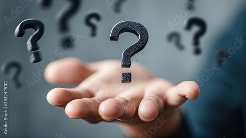 Open hand holds a large question mark, others float