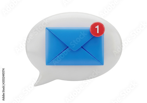 Blue email envelope icon with red notification badge isolated on transparent background