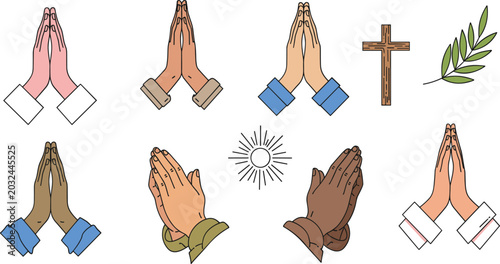Foto Christian Praying Hands Vector Icon Set Featuring Diverse Skin Tones Wooden Cros